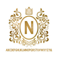 Poster - Golden vintage monogram and set of decorative capital letters. Gold N letter framed by wreath with crown.