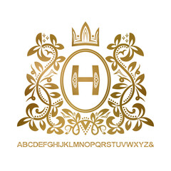 Poster - Golden vintage monogram and set of patterned capital letters. Gold H letter framed by floral wreath with crown.