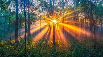 Fototapete - Sunlight Breaking Through Forest Trees at Dawn