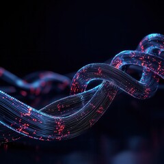 Poster - A glowing, abstract representation of intertwined strands, with a dark background and illuminated with vibrant red and blue lights.