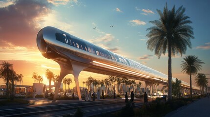 Poster - A striking elevated train station stands prominently against a sunset backdrop, surrounded by palm trees. People walk below, highlighting the blend of modern architecture with natural beauty.