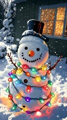 Canvas Print - Glowing Snowman, Christmas lights