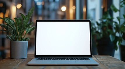laptop on table with blank screen mockup template for design