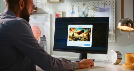 Fototapete - Adult man types text prompt in artificial intelligence app on computer. AI image generator creates detailed photo of steampunk airship. Advanced AI generated image creation. Futuristic generative art.