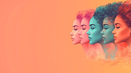 Poster - Horizontal Women's Day celebration banner multiple womens faces illustrated in a vibrant teal March 8 on a gentle peach background with wide space for text and event information