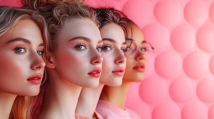 Fototapete - Horizontal Women's Day celebration banner featuring multiple womens faces a graphic illustration March 8 on a soft pastel pink background with ample copy space for messages