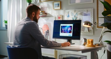 Fototapete - Adult man enters text prompt in artificial intelligence software on computer. AI image generator creates detailed photo of cyberpunk city. Advanced online text to image app. Futuristic generative art.
