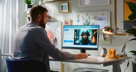 Fototapete - Back view of man entering prompt in AI image generator on computer. PC screen shows artificial intelligence generating detailed photo of futuristic soldier. Online text to image app. Generative art.