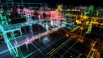 resource allocation – a 3d virtual model of a massive industrial plant with resource nodes highlight