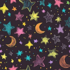 Wall Mural - colorful hand-drawn stars and moons on black background pattern