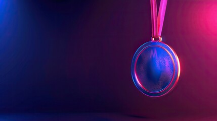 Photo of a round medal hanging on a ribbon against a dark background with neon light effects. Web banner with copy space in the right