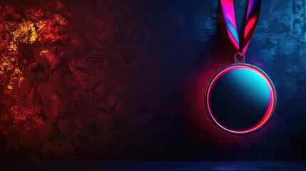 Photo of a round medal hanging on a ribbon against a dark background with neon light effects. Web banner with copy space in the right