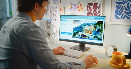 Fototapete - Young man types text prompt in artificial intelligence software on personal computer. AI image generator generates detailed photo of modern house. Advanced AI generated image creation. Generative art.