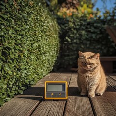 Canvas Print - a cat sitting on a wooden deck next to a yellow and black electronic device