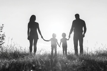 Wall Mural - Silhouetted family of four walking through a sunlit meadow conveying themes of unity warmth and nature against a serene sunrise sky with strong visual contrast and simplicity