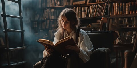 A young woman enjoys reading in a comfortable armchair surrounded by vintage books in a cozy, atmospheric library.