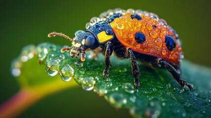 Poster - Colorful Ladybug on a Leaf with Dew Drops
