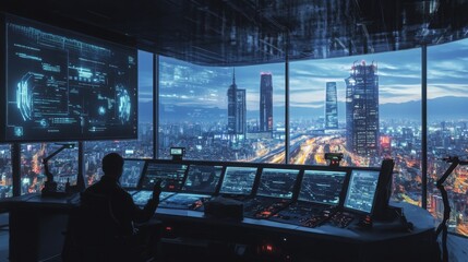 Poster - A control room features high-tech screens displaying data while an operator monitors city activity. The vibrant skyline glows under twilight with skyscrapers and lights reflecting the urban buzz.