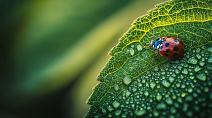Aufkleber - Ladybug on Dewy Green Leaf in Nature