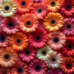Poster - Living Coral Pantone background vibrant gerbera flowers arranged in an artistic flat lay style creating a festive and warm atmosphere for Women's Day celebration