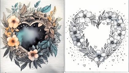 heart wreath made of flowers, watercolor illustration, copy coloring isolated on white background