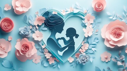 Poster - Minimalist Happy Mother's Day web banner paper cut silhouettes of a mom and child placed within a heart shape framed by flowers and soft pastel colors creating a modern stylish design