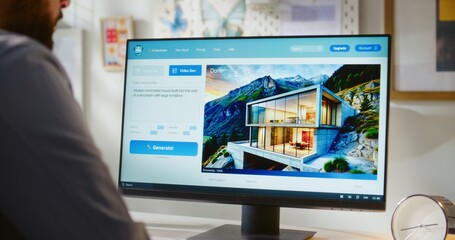 Fototapete - Close up of adult man typing prompt in artificial intelligence app using computer. AI video generator creates high-quality video of modern house. Online text to video app on PC. Automated artwork.