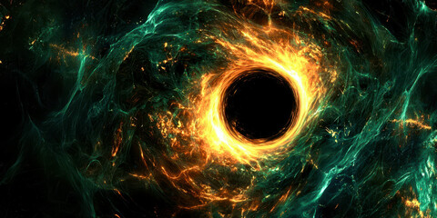 Wall Mural - A black hole with a bright orange and green swirl around it