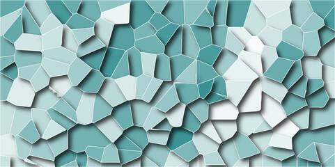 Wall Mural - Light mint-colored broken stained glass background with white lines. Seamless pattern with 3D shapes, vintage background. Geometric retro tile pattern with 3D shapes and a vintage quartz surface.