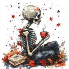 Poster - a skeleton sitting on the ground with a cup of coffee