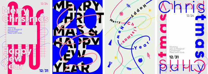 Wall Mural - Set of four contemporary Christmas and New Year posters with vibrant typography and playful abstract elements.