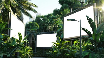 Two vertical blank white billboards in a tropical city, with tropical plants and trees on the sides of the road and street lights.