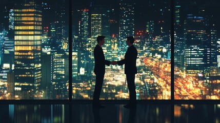 Poster - Two businessmen in suits stand in front of a large window overlooking a city at night. The city is brightly lit, with many skyscrapers visible. The men are shaking hands.