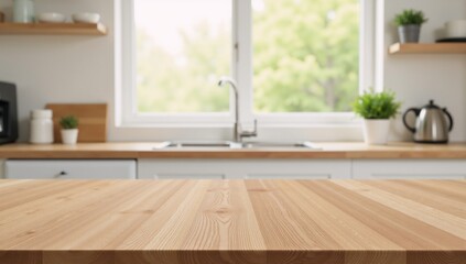 Wooden textured tabletop against blurred kitchen window backdrop - studio shot for product display mock-up or key visual layout