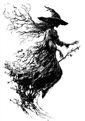 Wall Mural - a drawing of a witch flying through the air