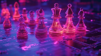 Chess pieces glow in neon light, placed on a circuit board. This symbolizes artificial intelligence, representing the digital world and coded logic.