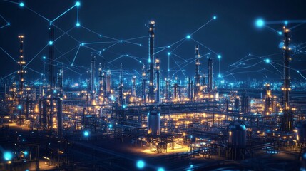 Poster - An aerial view of a large industrial complex at night. The factory is lit with bright lights, and there are tall towers and structures