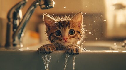 Poster - Adorable Kitten Playing in Water at Sink