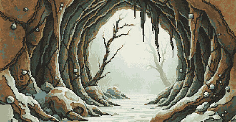 Wall Mural - pixel art cavern with dead trees, opening of the cave, cold snow in the brown stone