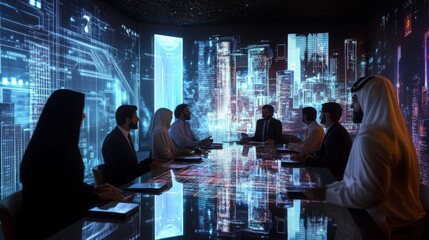 A diverse team gathers around a sleek table in a modern conference room, engaging in a strategy discussion. High-tech screens project urban imagery, enhancing the innovative atmosphere.