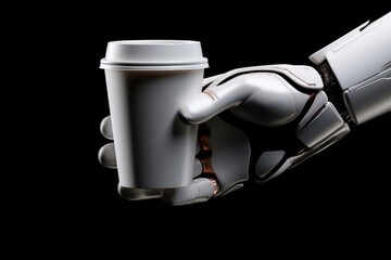 3d robot hand holding 3d coffee cup mug coffeemaker refreshment.