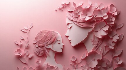 Fototapete - Paper cut design Mother's Day featuring a mother and child in a tender moment against a soft pink background with delicate floral elements and subtle shadows adding depth to the web banner