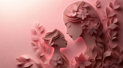 Poster - Paper cut design Mother's Day featuring a mother and child in a tender moment against a soft pink background with delicate floral elements and subtle shadows adding depth to the web banner