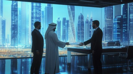 Aufkleber - Two men stand in a modern office with large windows looking out at the city skyline of Dubai. One man is dressed in a suit and the other is in traditional Emirati garb