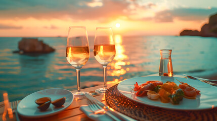 Romantic dinner at the beach restaurant overlooking the sunset on the ocean on a beautifully served table seafood and white wine. Copy space image. 