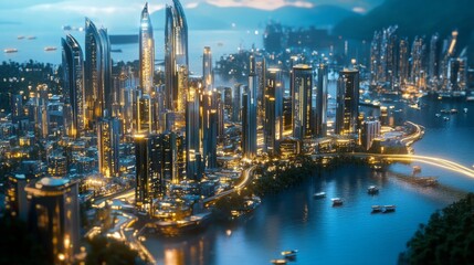 Poster - The city comes alive at dusk, as skyscrapers gleam with lights reflecting off the tranquil water