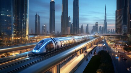Poster - A sleek, futuristic train glides along elevated tracks as skyscrapers tower in the background during twilight. People stroll nearby, captivated by the vibrant city atmosphere and glowing lights.