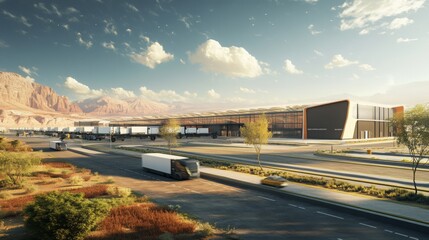 Poster - A modern distribution center sits prominently with trucks parked in front, framed by mountains under a clear sky. The scene captures the essence of logistics and transport in a serene setting.
