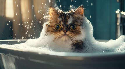 Poster - Cat Enjoying a Bubbly Bath in a Relaxing Setting