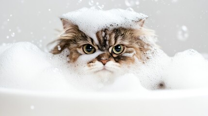 Poster - Cat in Bubble Bath with Curious Expression